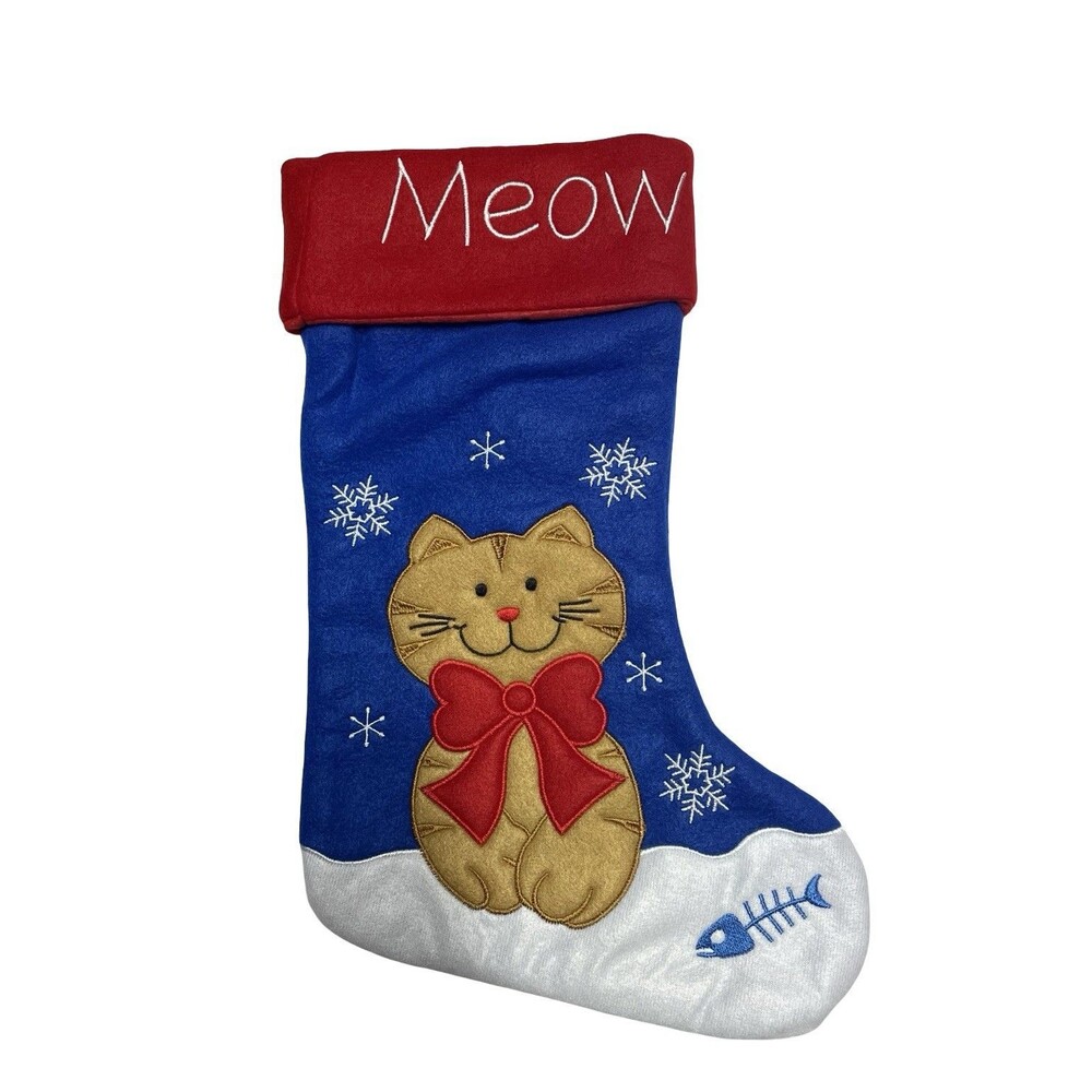 Kitty Christmas Stocking Cat MEOW 18” Embroidered Appliqué Snowflake Fish New